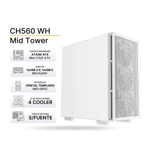 Case Gaming DeepCool CH560 Blanco, ARGB, ATX, 4x FAN (3x140, 1x120), Soporta Fan de hasta 3x120mm | R-CH560-WHAPE4-G-1