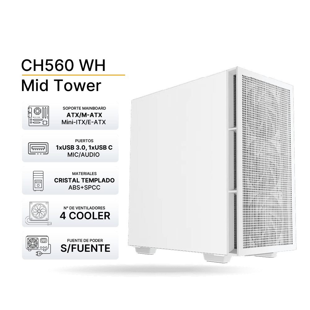 Case Gaming DeepCool CH560 Blanco, ARGB, ATX, 4x FAN (3x140, 1x120), Soporta Fan de hasta 3x120mm | R-CH560-WHAPE4-G-1