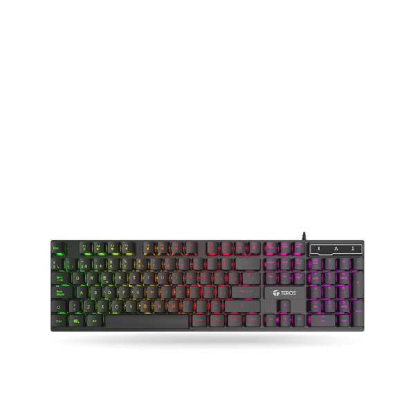 Teclado gamer Teros TE-4072G, RGB, cableado USB, negro