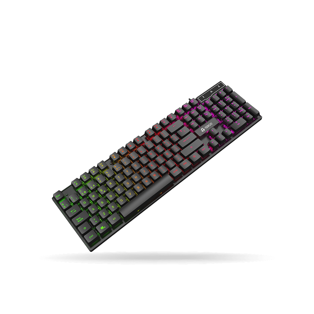 Teclado gamer Teros TE-4072G, RGB, cableado USB, negro