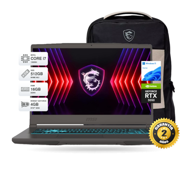 Laptop Gamer MSI Thin 15 B13UC 15.6" IPS FHD 144Hz, Intel Core i7 13620H, RAM 16GB DDR4, SSD M.2 512GB, RTX 3050 4GB GDDR6, Windows 11 Home + Mochila MSI | B13UC-3214PE