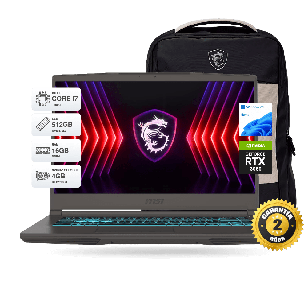 Laptop Gamer MSI Thin 15 B13UC 15.6" IPS FHD 144Hz, Intel Core i7 13620H, RAM 16GB DDR4, SSD M.2 512GB, RTX 3050 4GB GDDR6, Windows 11 Home + Mochila MSI | B13UC-3214PE