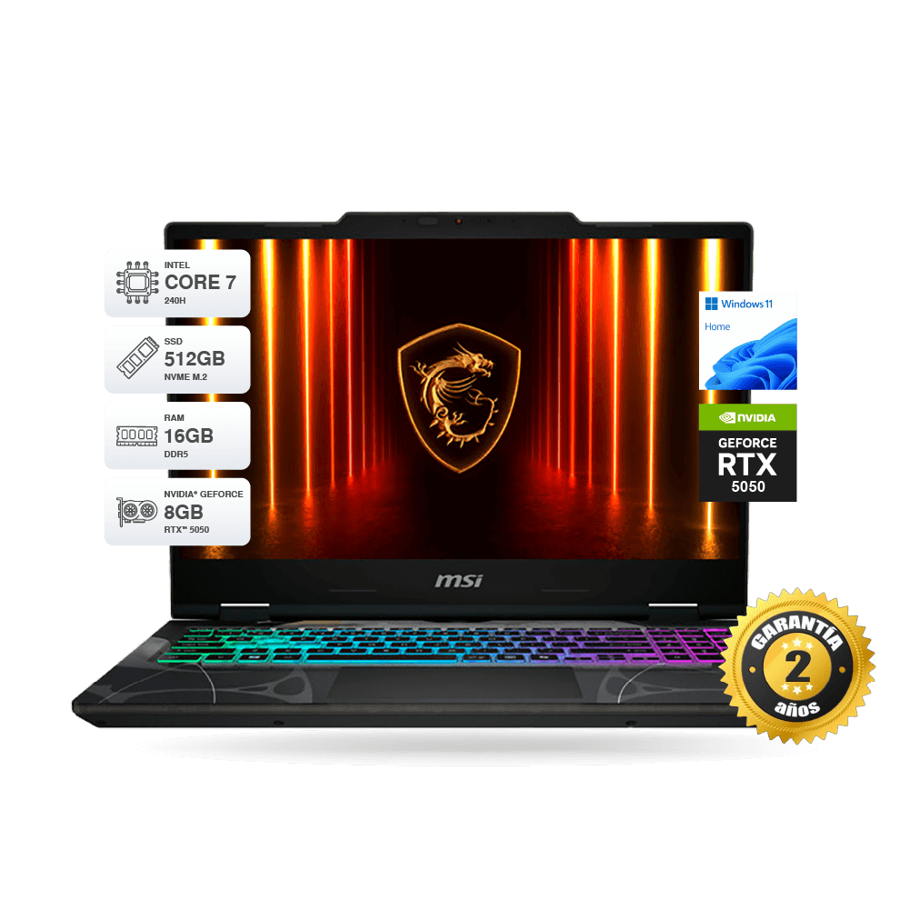 Laptop Gamer MSI Cyborg 17 B2RWFKG 17.3" IPS FHD 144Hz, Core 7 240H, RAM 16GB DDR5, SSD M.2 512GB, RTX 5050 8GB GDDR7, Windows 11 Home | B2RWFKG-047PE