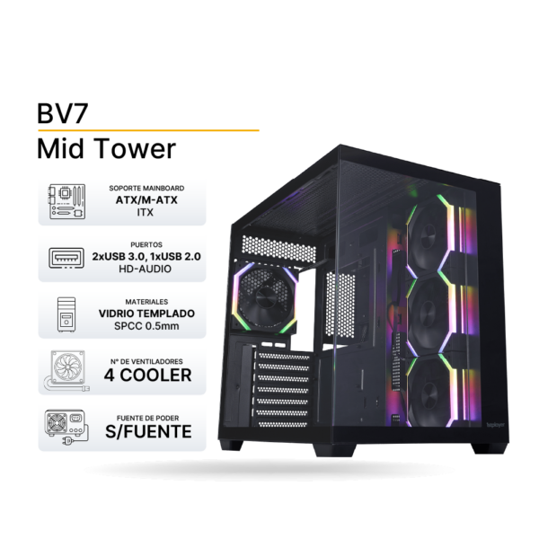 Case Gaming 1ST PLAYER BV7 (Negro), ARGB, ATX, 4x FAN 120mm, sin fuente | BV7-BK-3FH7R-1FH7