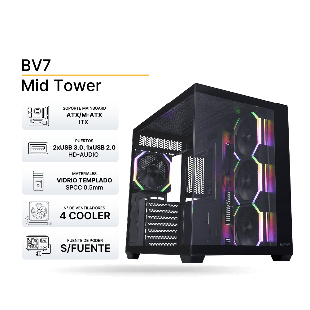 Case Gaming 1ST PLAYER BV7 (Negro), ARGB, ATX, 4x FAN 120mm, sin fuente | BV7-BK-3FH7R-1FH7