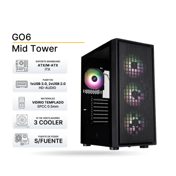 Case Gaming 1ST PLAYER Go6 (Negro), ARGB, ATX, 3x FAN 120mm, sin fuente | GO6-BK-4F7S7