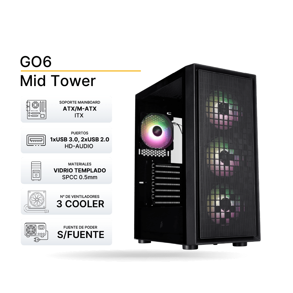 Case Gaming 1ST PLAYER Go6 (Negro), ARGB, ATX, 3x FAN 120mm, sin fuente | GO6-BK-4F7S7