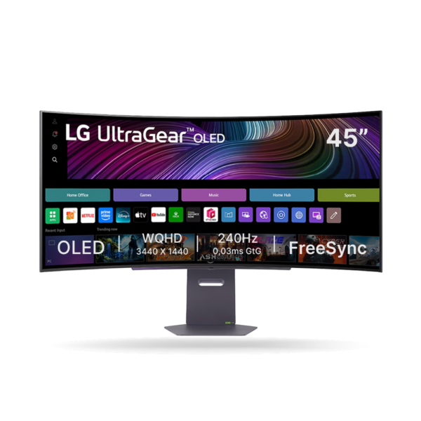 Monitor Gamer LG Ultragear 45GX90SA-B, 45" OLED Smart webOS Curvo WQHD, 240Hz 0.03ms, Con Parlantes y Control integrado.