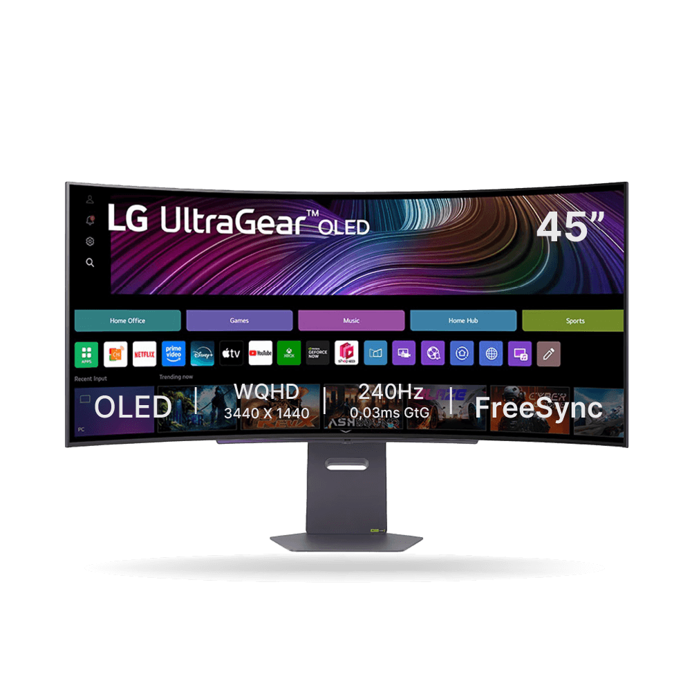 Monitor Gamer LG Ultragear 45GX90SA-B, 45" OLED Smart webOS Curvo WQHD, 240Hz 0.03ms, Con Parlantes y Control integrado.