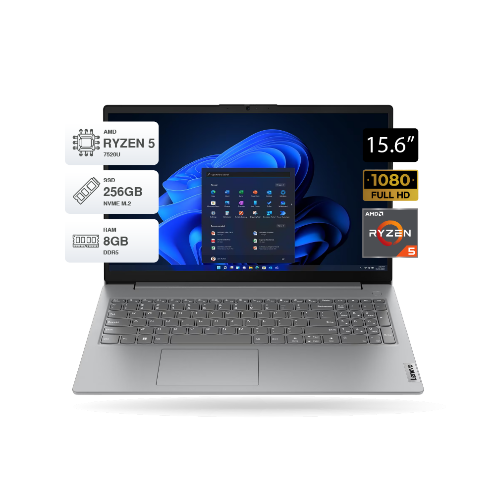Laptop Lenovo V15 G4 AMN 15.6" FHD AMD Ryzen 5 7520U, RAM 8GB DDR5, SSD M.2 256GB, FreeDOS, Artic Grey | 82YU00X6LM