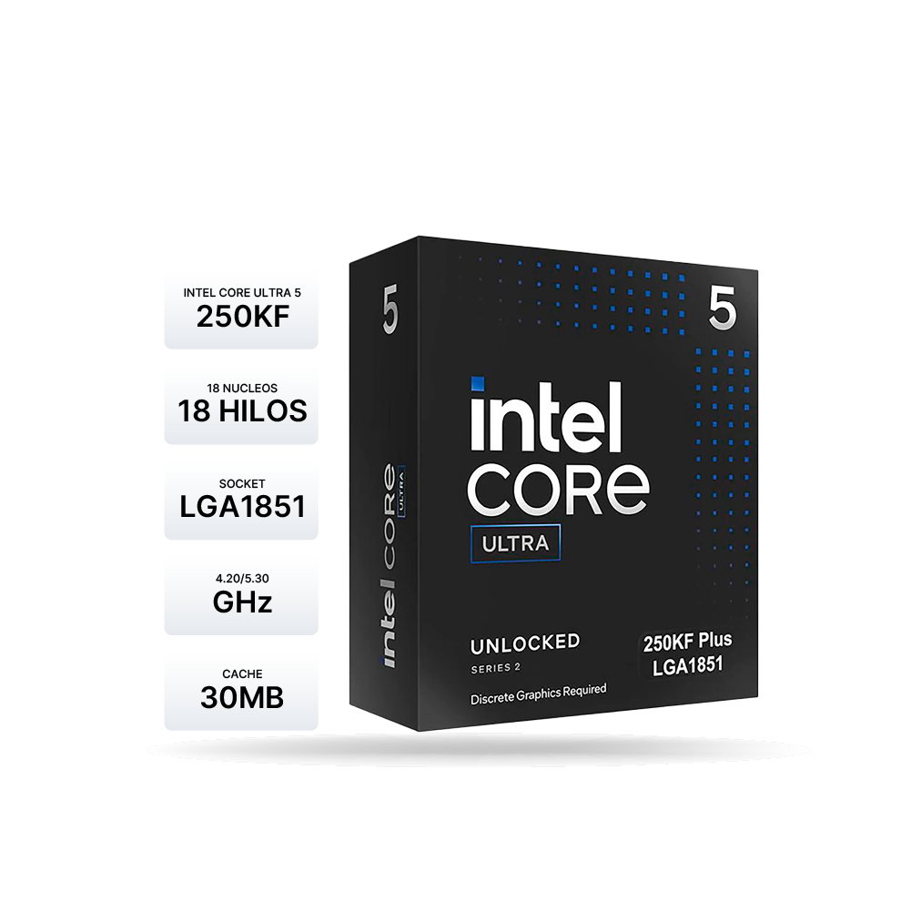 Procesador Intel Core Ultra 5 250KF Plus 4.20/5.30GHz, 30 MB Caché, LGA1851, 159W | BX80768250KF