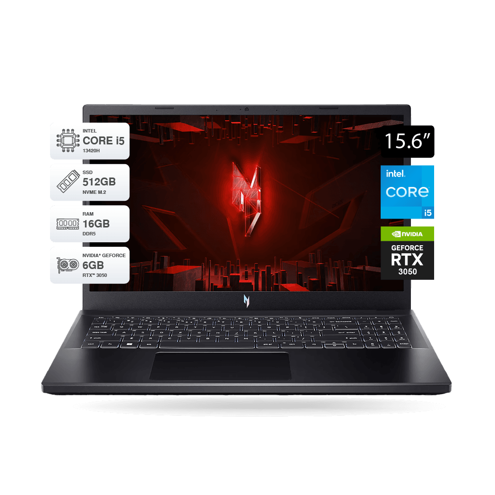 Laptop Gaming Acer Nitro V15 ANV15-51-59KG 15.6" FHD IPS 165Hz, Intel Core i5-13420H, 16GB DDR5, SSD 512GB M.2, RTX 3050 6GB GDDR6, FreeDOS, Negro | NH.QN9AL.00T