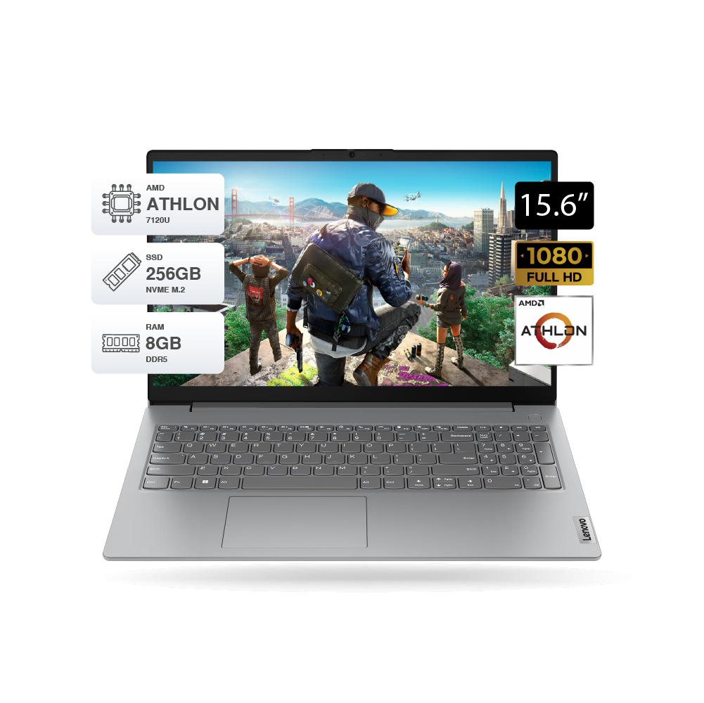 Laptop Lenovo V15 FHD AMD Athlon 7120U 8GB DDR5 256GB FreeDOS Gris. 82YU00X5LM