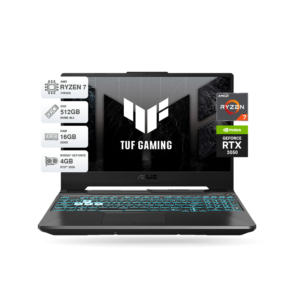 Laptop Asus Tuf Gaming A15 15.6 FHD Ryzen 7 7445HS 16GB DDR5 SSD 512GB RTX 3050 4GB Negro FreeDos. 90NR0JF7-M00P70