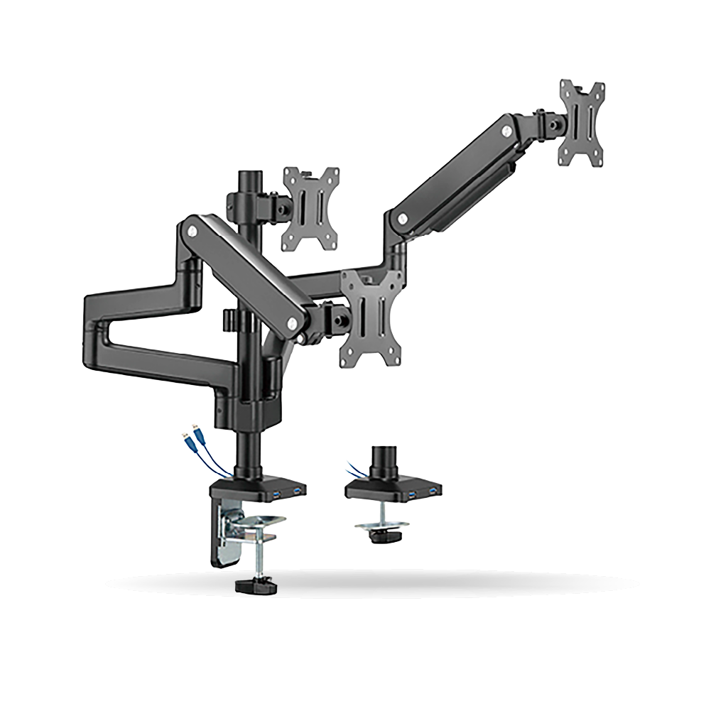 Rack Koreano Fijo Pivotable para 3 monitores 12" a 32" hasta 7kg, 1x Brazo Fijo y 2x Brazo Articulado, Acero Inoxidable, Negro | GMK53-36UB
