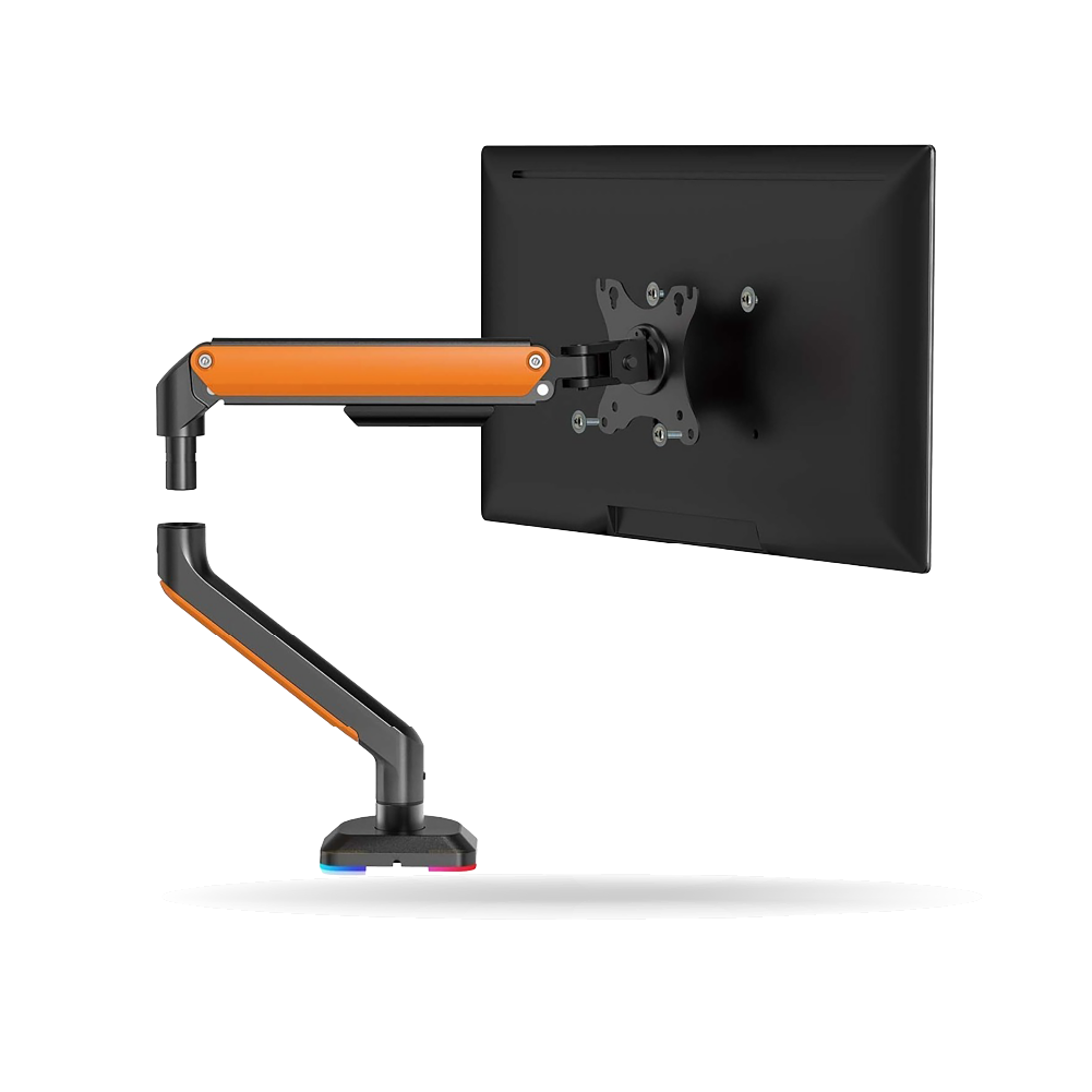 Rack Koreano Mecanico Pivotable de escritorio para Monitor 17 A 32 Pulgadas, Base RGB, Negro/Naranja | KE-C012L
